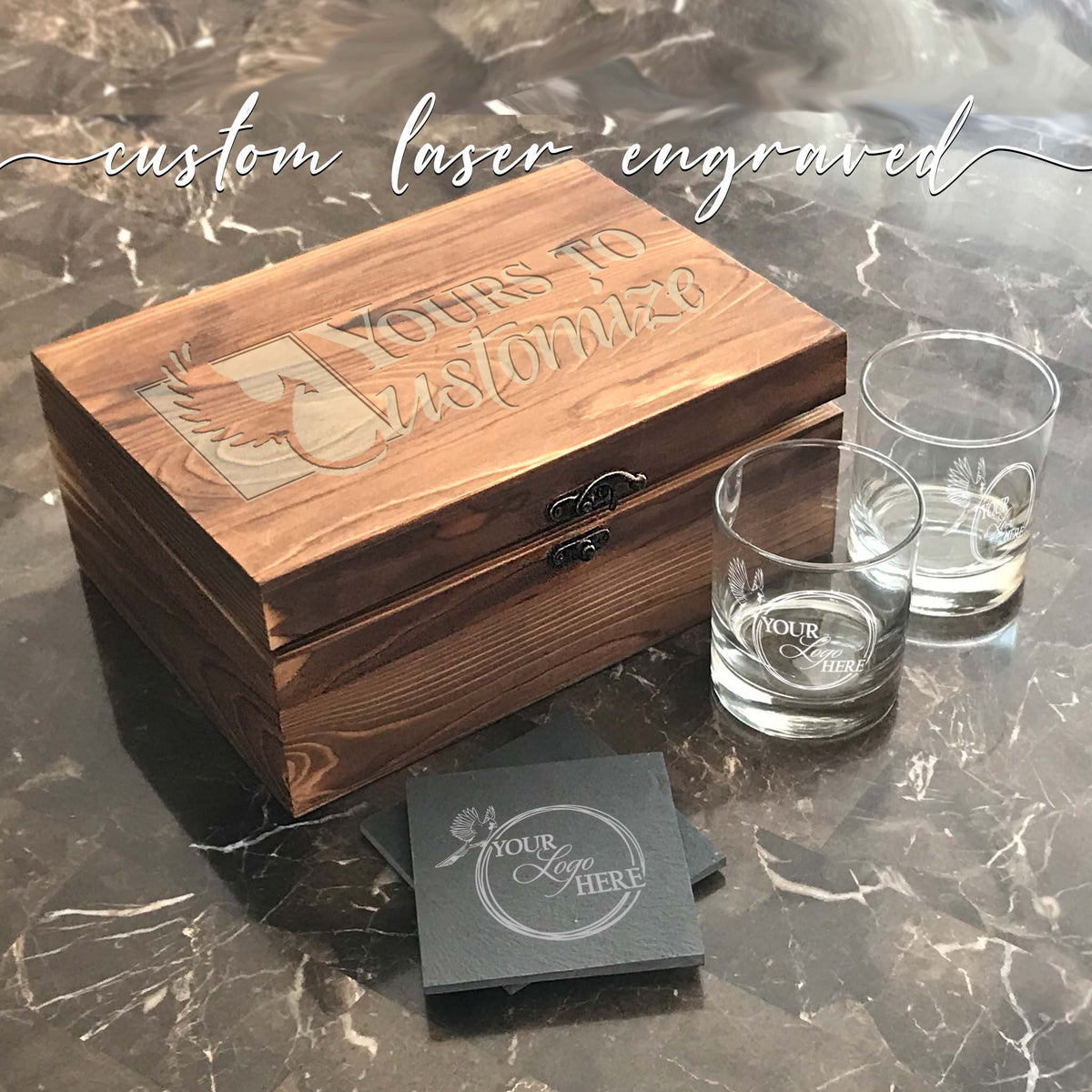 Custom Whiskey Glasses, Ice Balls, Coasters & Wood Box Set - Teals
