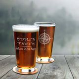 GPS Coordinate Glasses With Compass Pint Beer Latitude Longitude Wedding Anniversary Gift Him Her