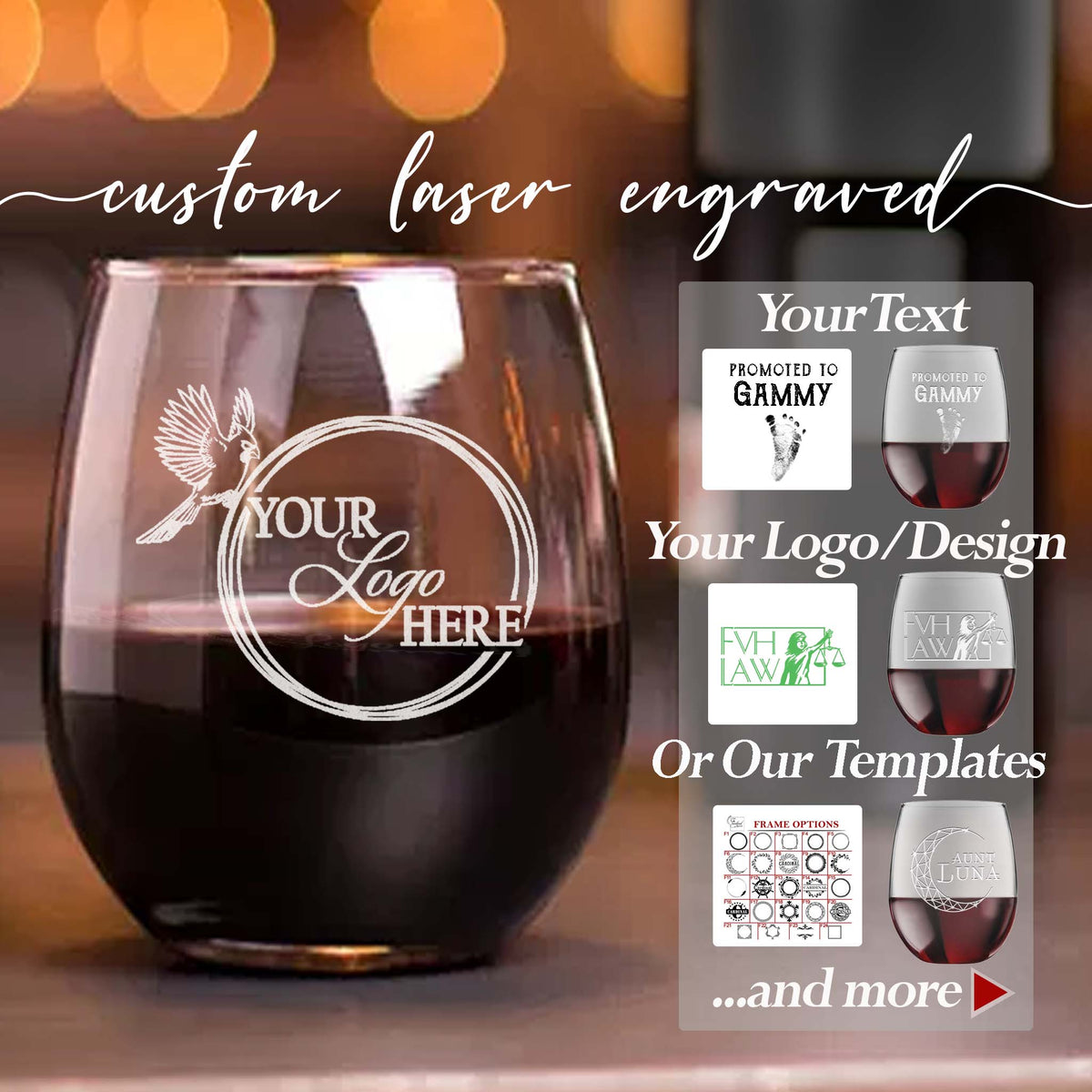 Personalized Stemless Red Wine Glass - Design: CUSTOM - Everything Etched