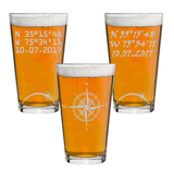 GPS Coordinate Glasses With Compass Pint Beer Latitude Longitude Wedding Anniversary Gift Him Her