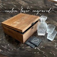 custom whiskey decanter wooden box set with coasters