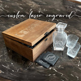 custom whiskey decanter wooden box set with coasters