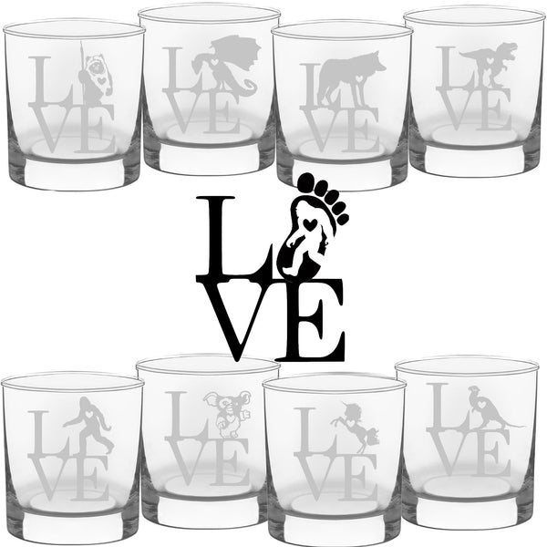 Baby Dragon, Dire Wolf, Ewok, Sasquatch, T-Rex, Tauntaun, Gizmo, and a Unicorn Love Exotic Bourbon Whiskey Glass