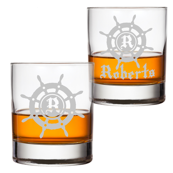 Monogram Nautical Pirate Ship Wheel Bourbon Whiskey Glass
