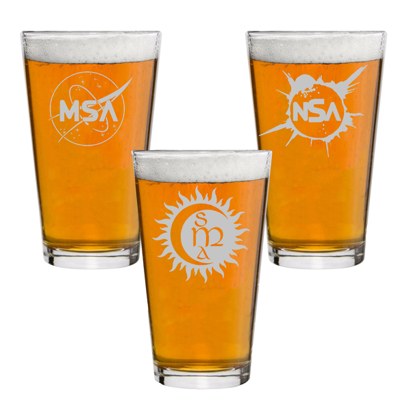 Celestial Pint Glass Collection featuring designs inspired by solar eclipse art and images, and of course, the NASA emblem.  Make great gifts for space exploration enthusiast.