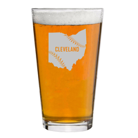 Cleveland Baseball Personalized Pint Glass features Ohio State Outline with baseball stitching