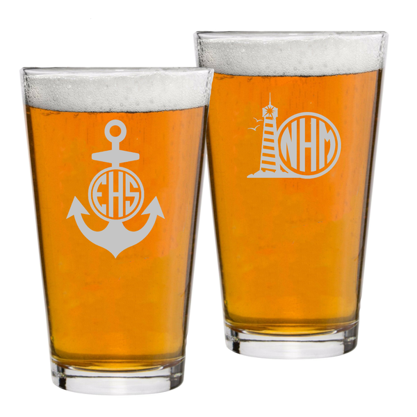 Anchor and Lighthouse Nautical Pint Glasses Monogrammed
