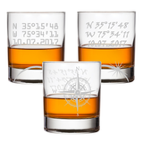 GPS Coordinate Glasses With Compass Whiskey Bourbon Latitude Longitude Wedding Anniversary Gift Him Her
